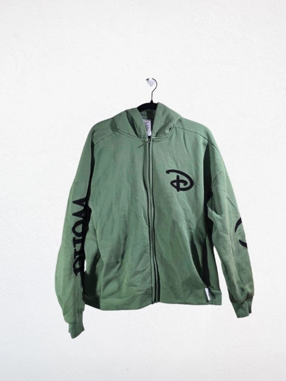 Disney Men's Olive Green Zip Hoodie with Black Logo